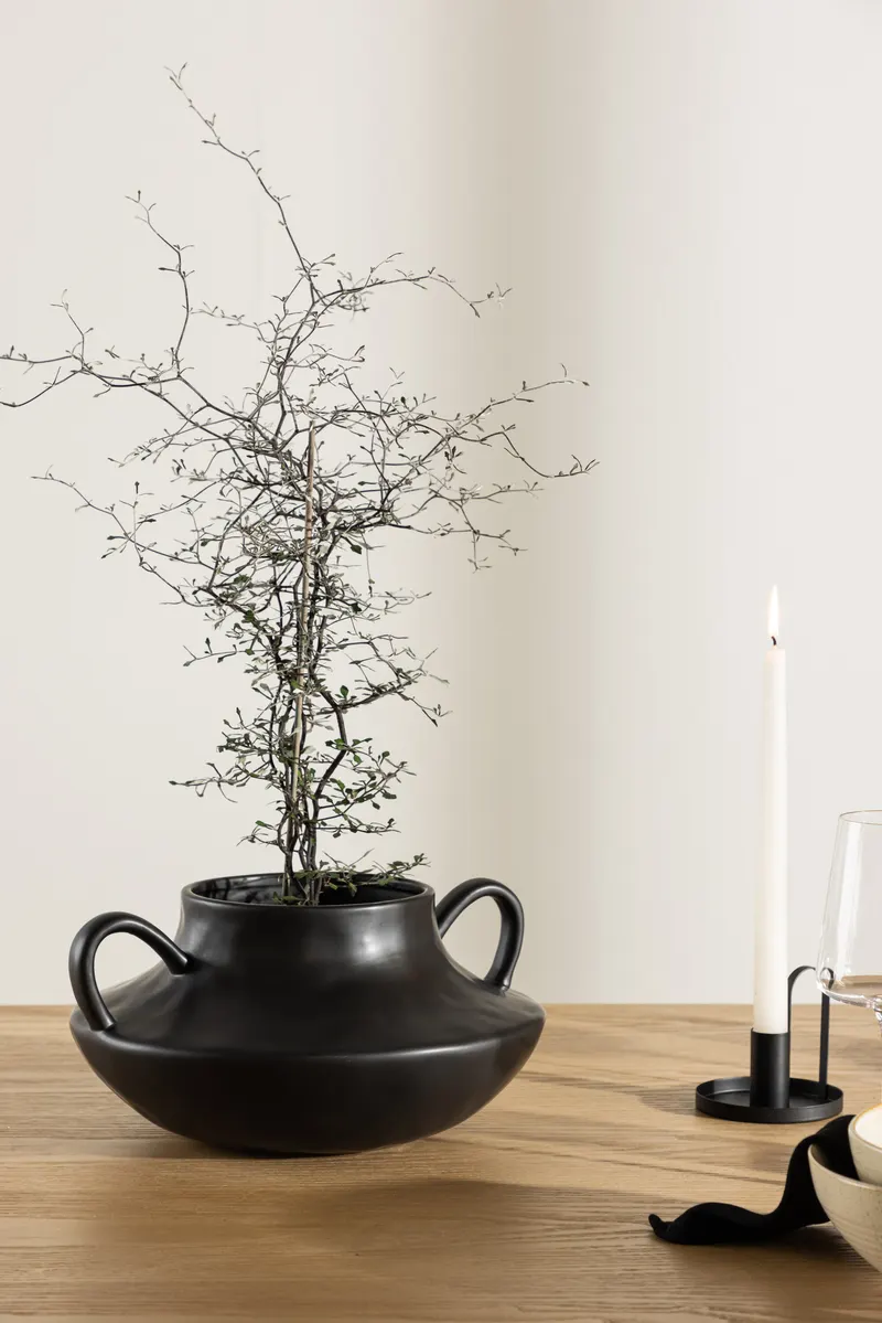 Holda flacher Blumentopf mit zwei Henkeln in Schwarz, im Wohnraum, Ansicht 1