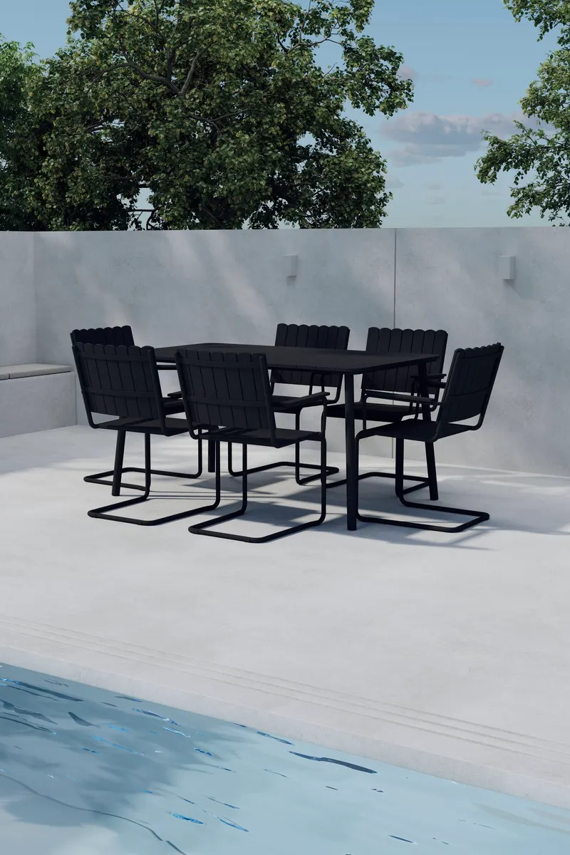 Holmsund Gartenmöbel-Set mit Kunstholz-Tisch und Kufenstühlen in Table: 75 × 150 × 90, Chair: 55 × 87 × 59 cm, Schwarz, im Wohnraum