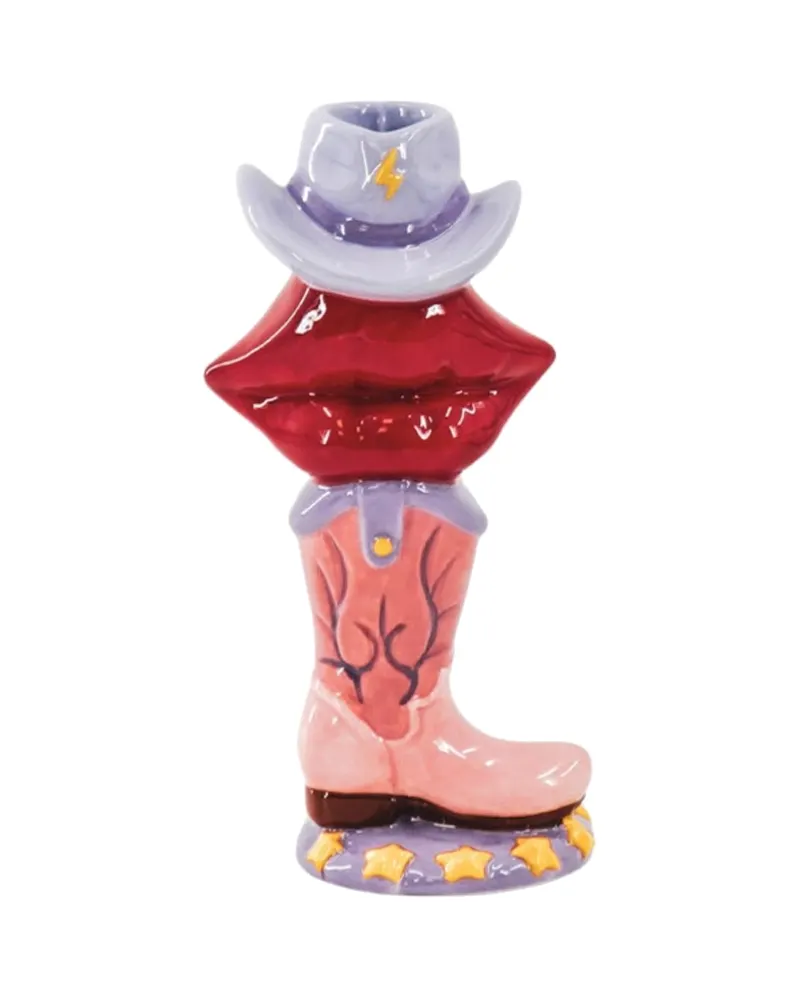 Kerzenhalter aus Keramik mit Western-Motiv aus Stiefel, Lippen und Hut, Pink, Rot und Flieder