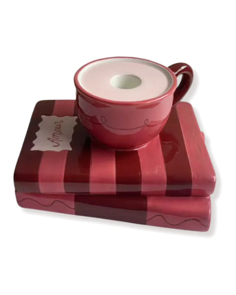 Kerzenhalter mit Kaffeetasse auf Bücherstapel aus Dolomit, Rot/Pink