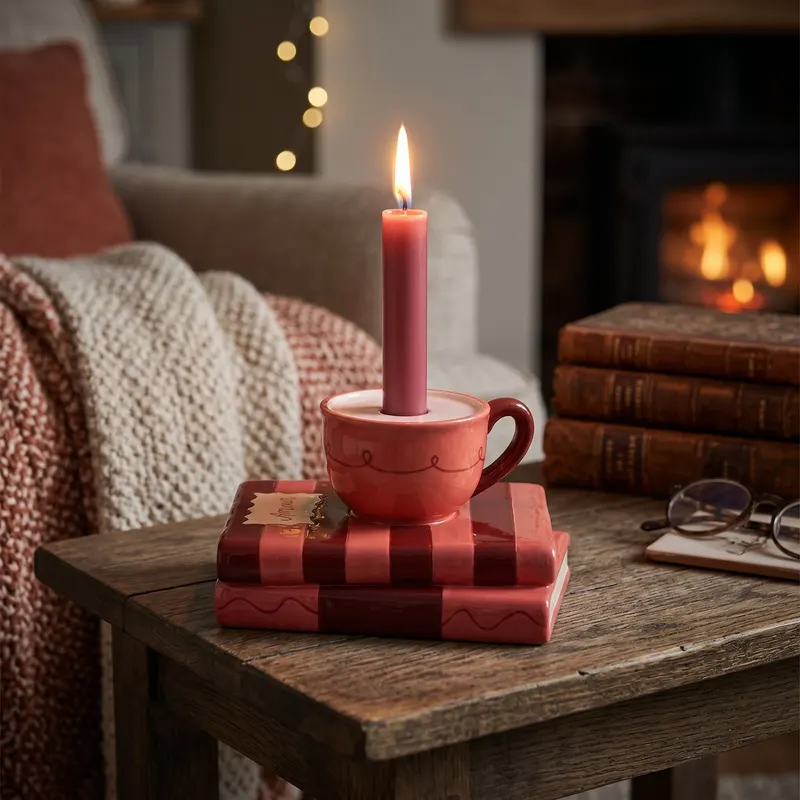 Kerzenhalter mit Kaffeetasse auf Bücherstapel aus Dolomit von Housevitamin in Rot/Pink, 16,5 × 13,5 × 9,5 cm, Ansicht 2