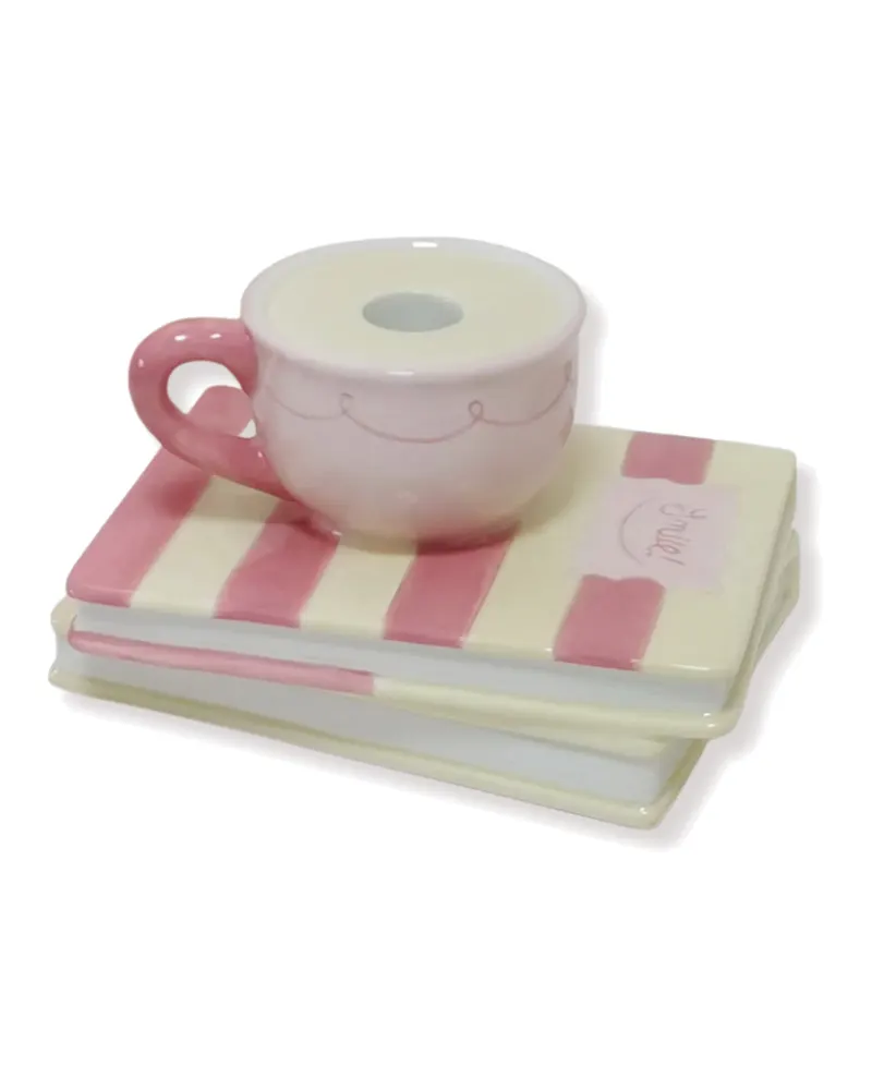 Kerzenhalter mit Kaffeetasse auf Bücherstapel aus Dolomit, Gelb/Pink