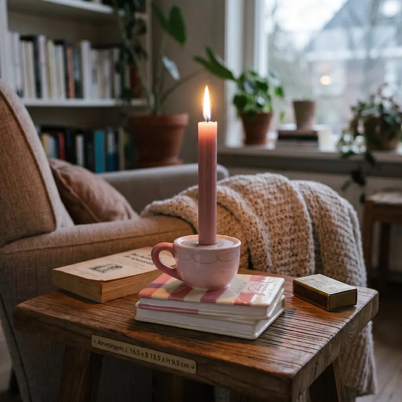 Kerzenhalter mit Kaffeetasse auf Bücherstapel aus Dolomit von Housevitamin in Gelb/Pink, 16,5 × 13,5 × 9,5 cm, Ansicht 2