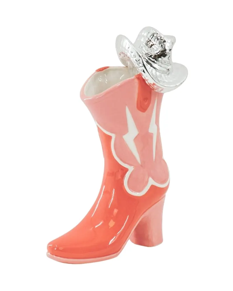 Keramikvase im Cowboy-Stiefel-Look mit Discohut, Pink und Orange