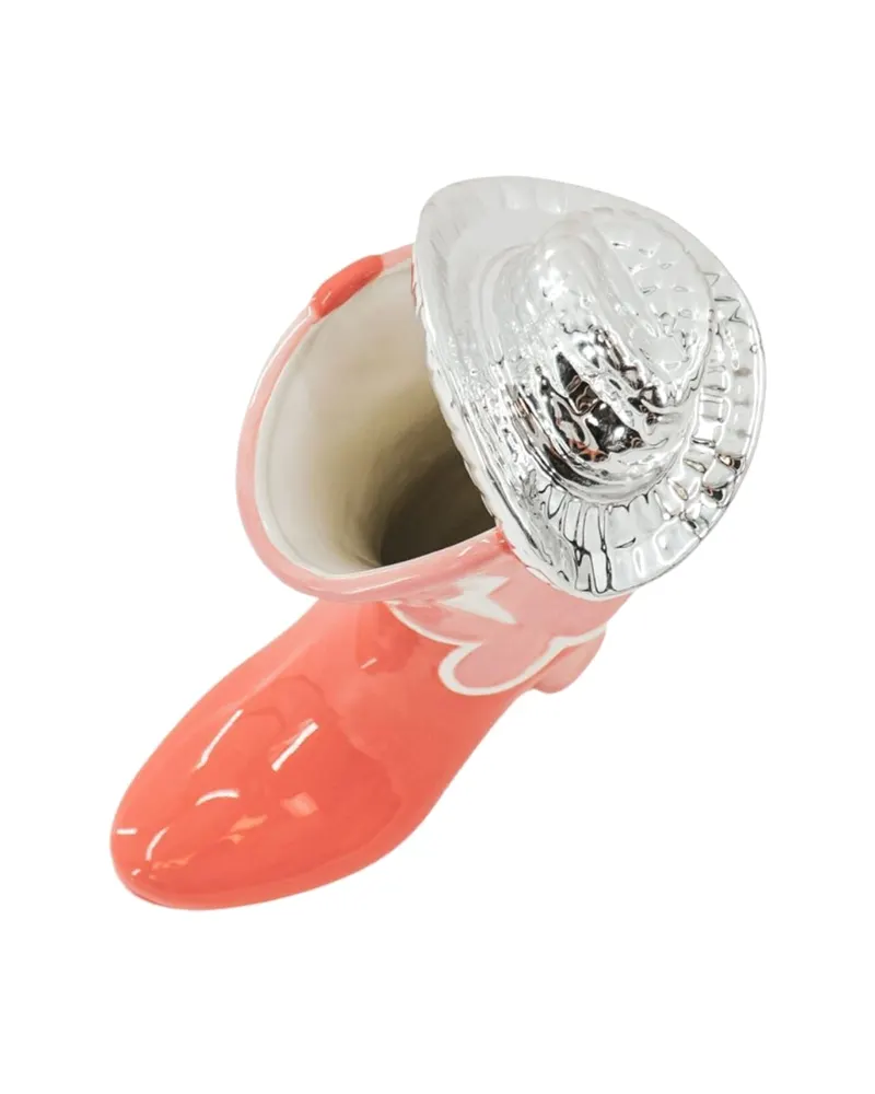 Keramikvase im Cowboy-Stiefel-Look mit Discohut von Housevitamin in Pink und Orange, 16,5 × 10,5 × 26,5 cm, Ansicht 6