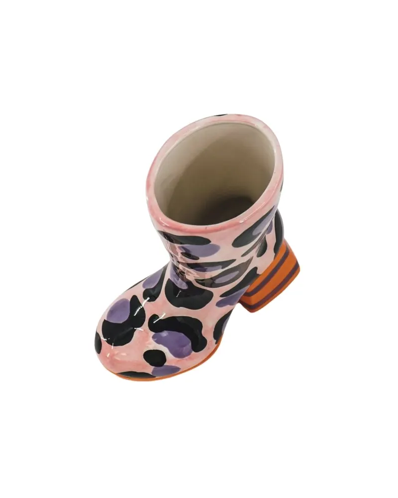 Keramikvase in Stiefelform mit Leopardenmuster, Pink-Orange, Pink und Orange