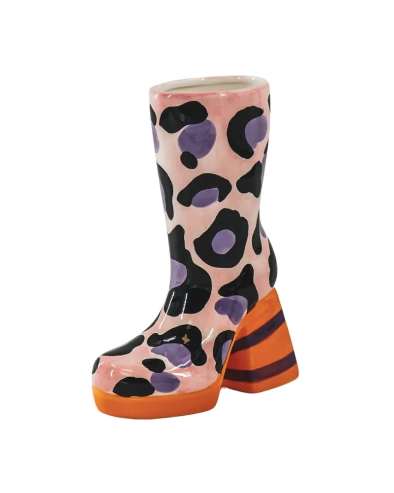 Keramikvase in Stiefelform mit Leopardenmuster, Pink-Orange von Housevitamin in Pink und Orange, 18 × 8 × 24 cm, Ansicht 2