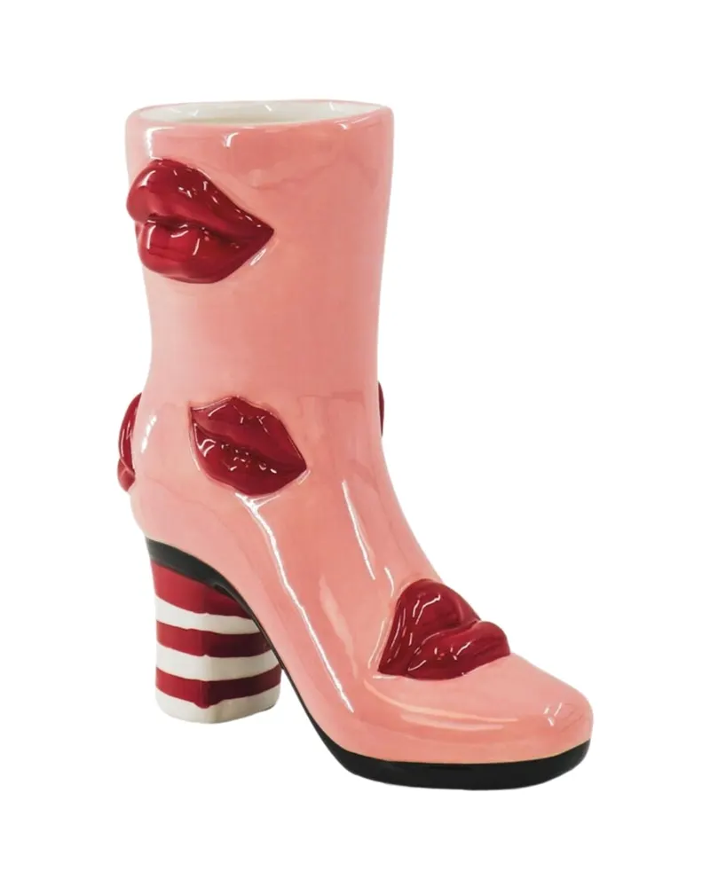 Keramikvase in Stiefelform mit Lippenmotiv in Rosa und Rot von Housevitamin in Rosa/Rot, 19,5 × 8,5 × 23 cm, Ansicht 2