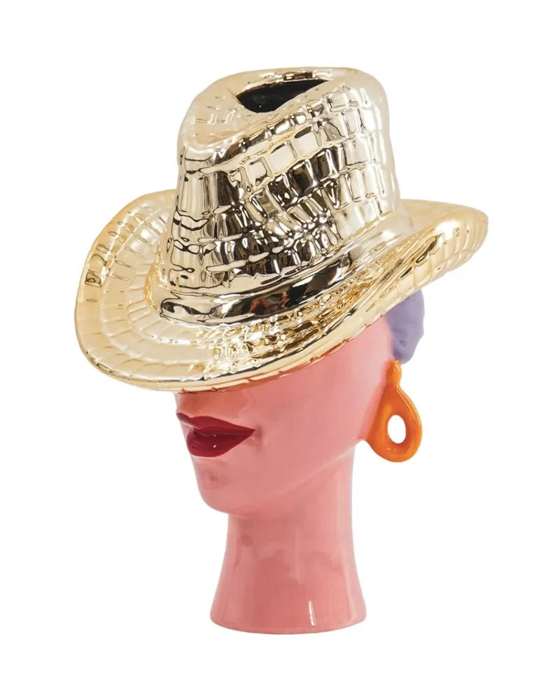 Keramikvase „Lady with the Hat“ im Cowboyhut-Design, Flieder und Gold