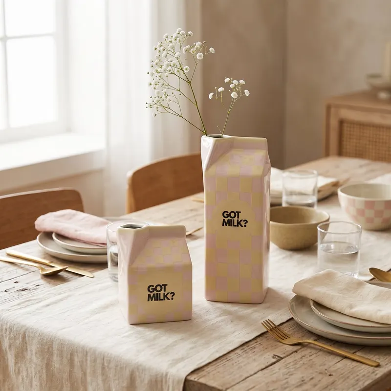Dolomit-Vase im Milchpackungsdesign „Got Milk“ von Housevitamin in Rosa/Gelb, 10,5 × 9 × 13,5 cm, Ansicht 2