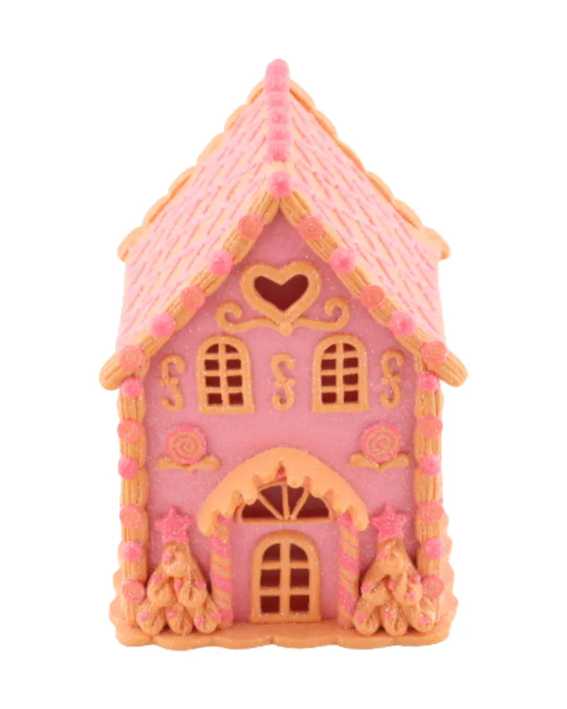 LED-Weihnachtshäuser aus Polyresin in Candy-Optik, Rosa/Orange