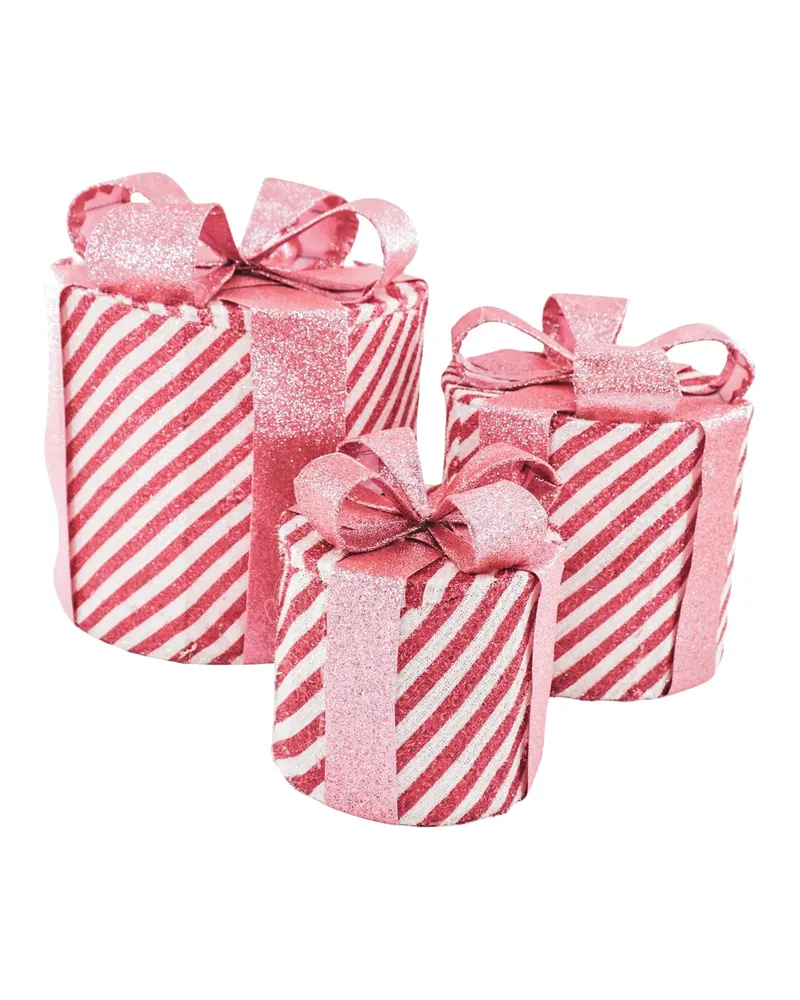 LED-Weihnachtsgeschenkboxen aus Polystyrol, 3er-Set, Rosa/Weiß