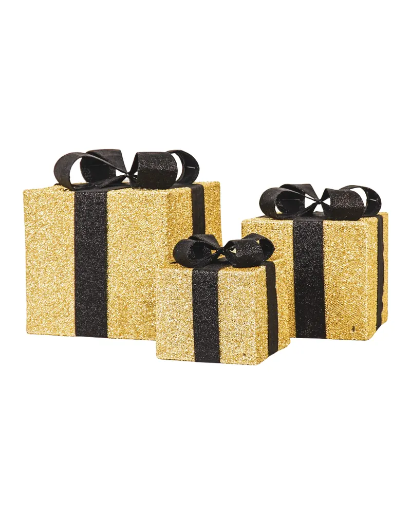 LED-Weihnachtsgeschenkboxen aus Polystyrol, 3er-Set von Housevitamin in Goldfarben/Schwarz, 15, 20 und 25 cm, Ansicht 1