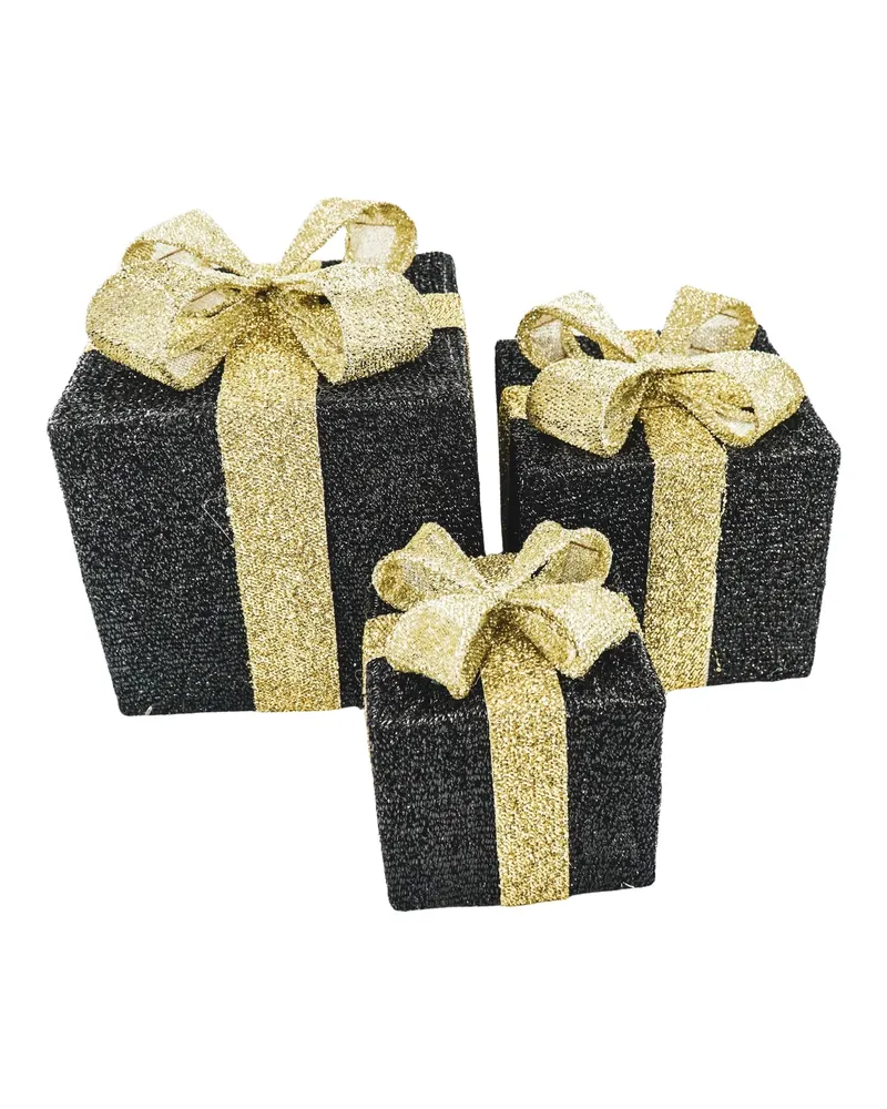 LED-Weihnachtsgeschenkboxen aus Polystyrol, 3er-Set von Housevitamin in Schwarz/Goldfarben, 15, 20 und 25 cm, Ansicht 1