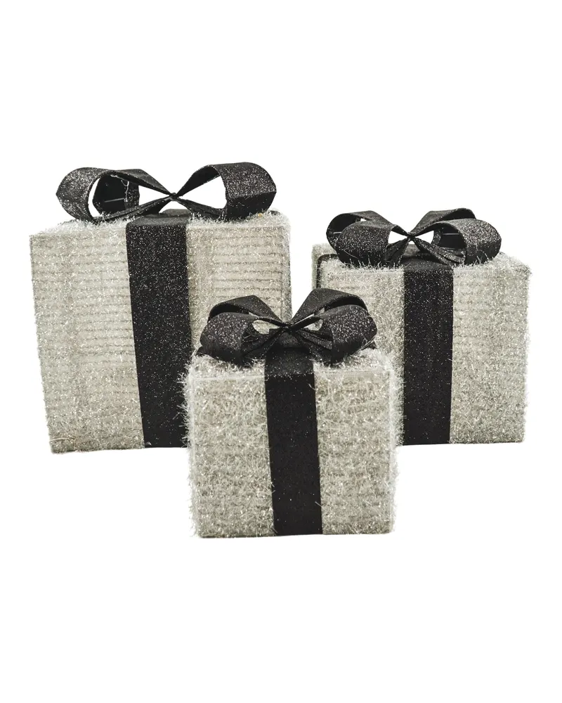 LED-Weihnachtsgeschenkboxen aus Polystyrol, 3er-Set von Housevitamin in Silber/Schwarz, 15, 20 und 25 cm, Ansicht 1
