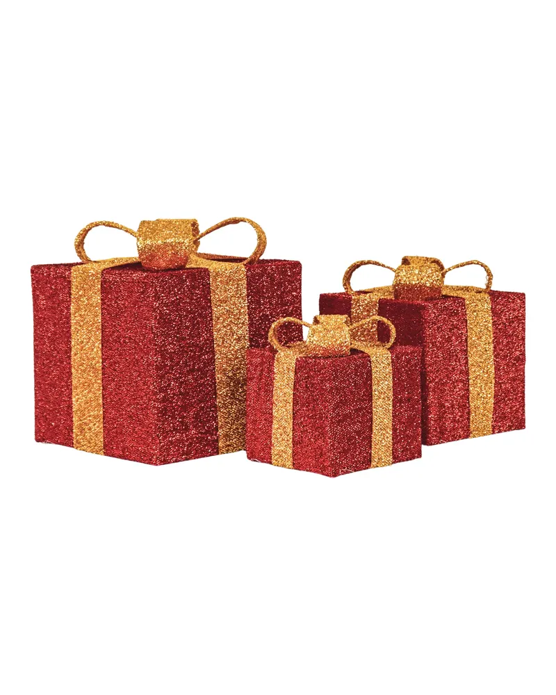 LED-Weihnachtsgeschenkboxen aus Polystyrol, 3er-Set von Housevitamin in Rot/Goldfarben, 15, 20 und 25 cm, Ansicht 1