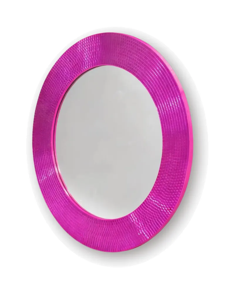 Runder Disco-Wandspiegel aus Glas mit Spiegelkachel-Rand, Rosa