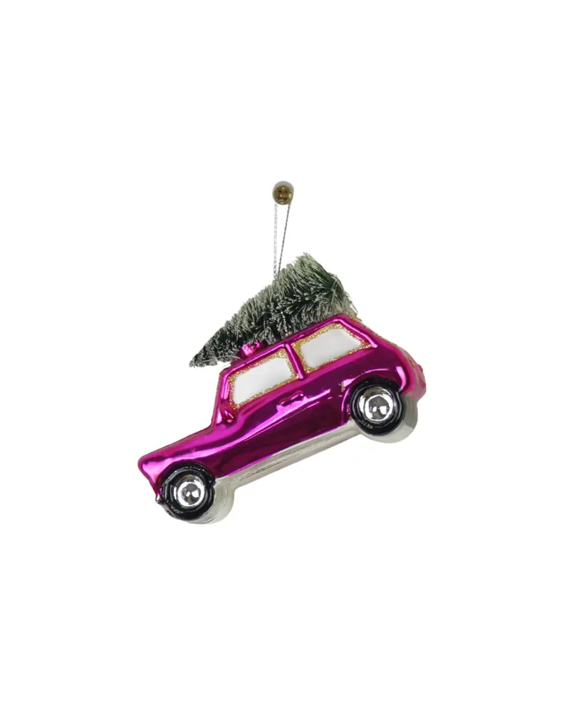 Weihnachtsanhänger „Rosa Auto mit Weihnachtsbaum“ aus Glas von Housevitamin in Rosa, 10 × 5 × 7 cm, Ansicht 1