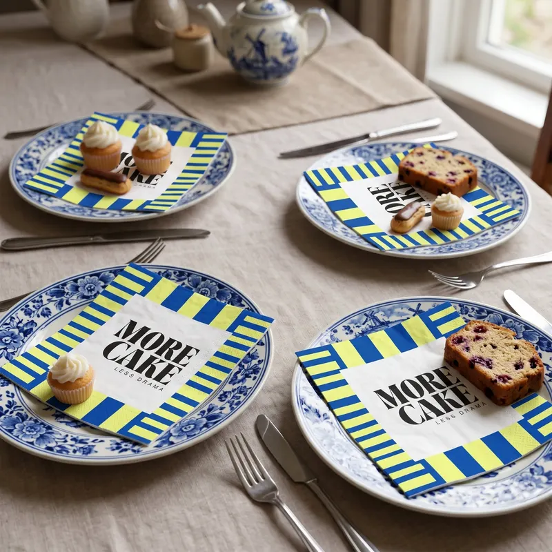 Papierservietten „More Cake, Less Drama“ aus FSC-Papier von Housevitamin in Blau und Grün, 33 × 33 cm, Ansicht 5