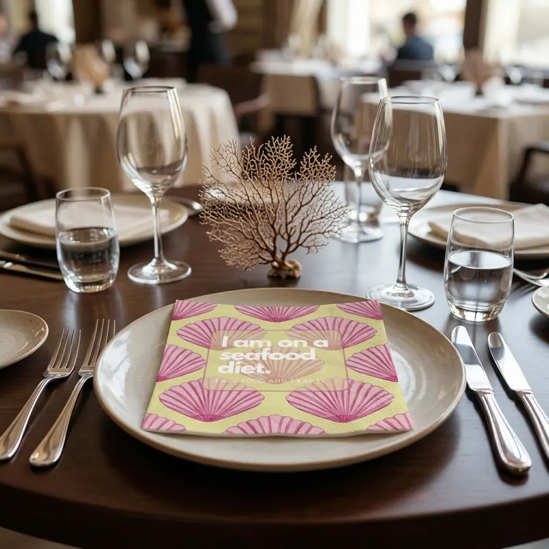 Papierservietten „Seafood Diet“ aus FSC-zertifiziertem Papier von Housevitamin in Gelb und Pink, 33 × 33 cm, Ansicht 4