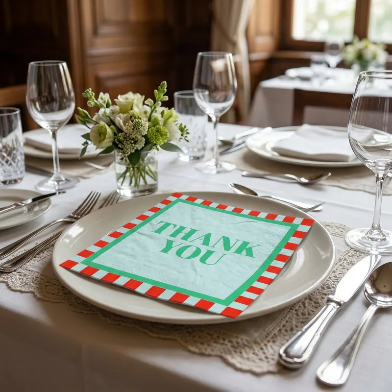 Papierservietten „Thank You“ mit dreilagiger Struktur von Housevitamin in Mint, Grün und Rot, 33 × 33 cm, Ansicht 3