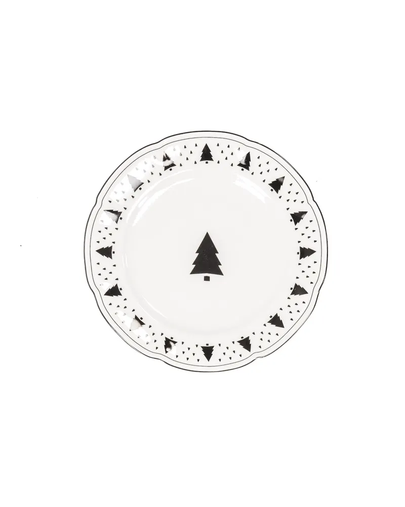 Weihnachtsteller mit Tannenbaummotiv aus New Bone China, Schwarz-Weiß