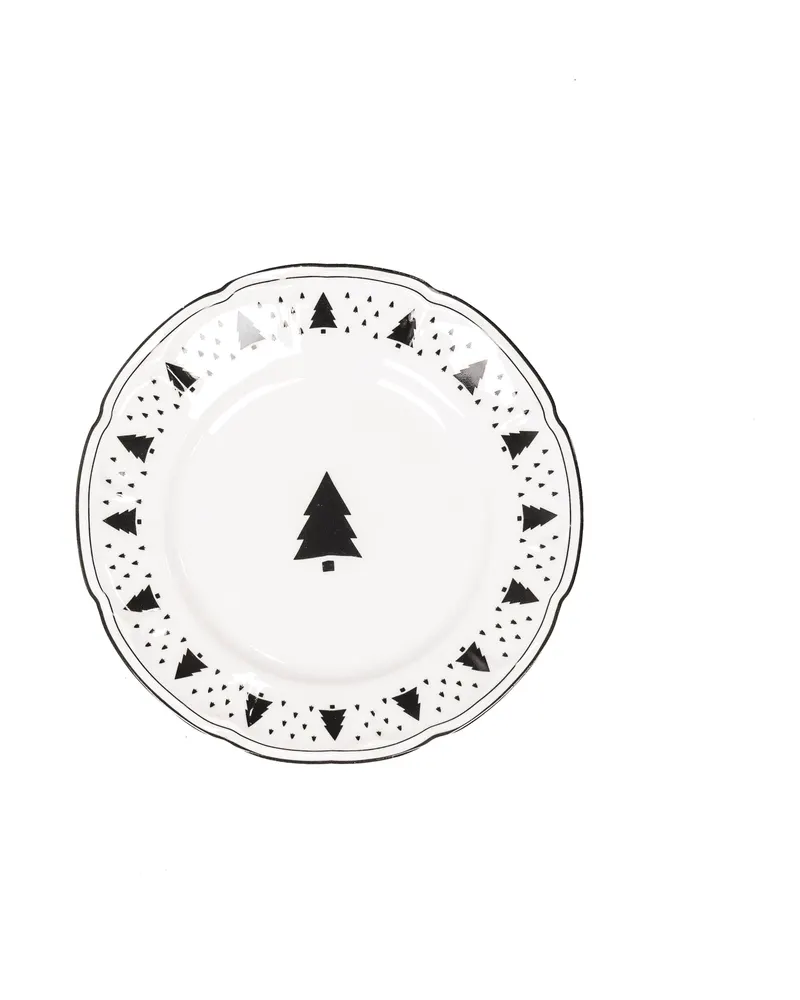 Weihnachtsteller mit Tannenbaummotiv aus New Bone China von Housevitamin in Schwarz-Weiß, Ansicht 1