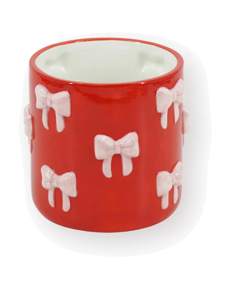 Blumentopf Bow aus Dolomit mit bunten Schleifen von Housevitamin in Pink/Rot, 12,5 × 12,5 × 13 cm, Ansicht 1