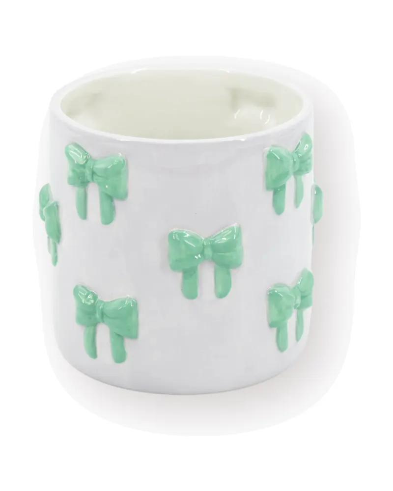 Blumentopf Bow aus Dolomit mit bunten Schleifen von Housevitamin in Flieder/Mint, 12,5 × 12,5 × 13 cm, Ansicht 1