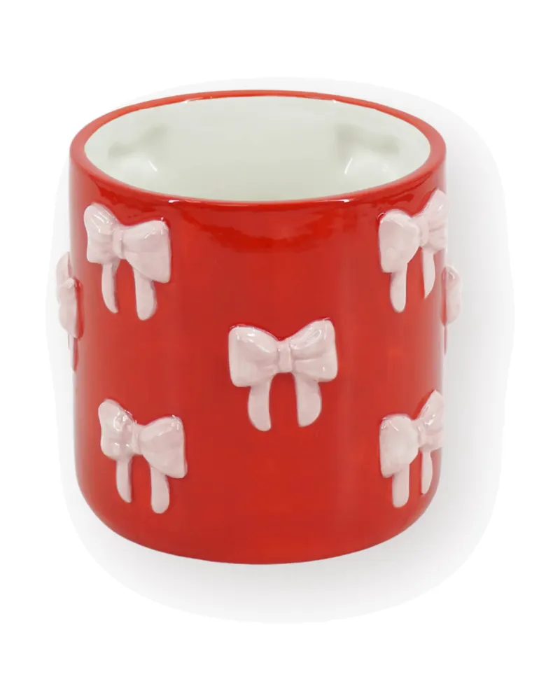 Blumentopf Bow aus Dolomit mit bunten Schleifen von Housevitamin in Pink/Rot, 15,5 × 15,5 × 16 cm, Ansicht 1