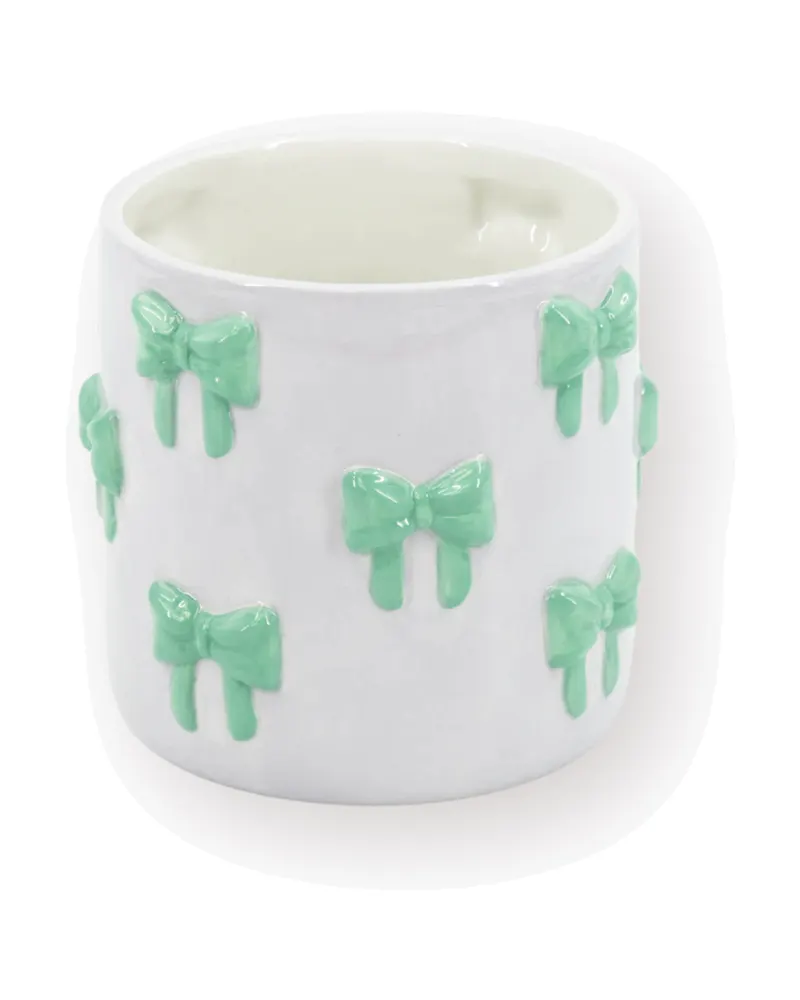 Blumentopf Bow aus Dolomit mit bunten Schleifen von Housevitamin in Flieder/Mint, 15,5 × 15,5 × 16 cm, Ansicht 1
