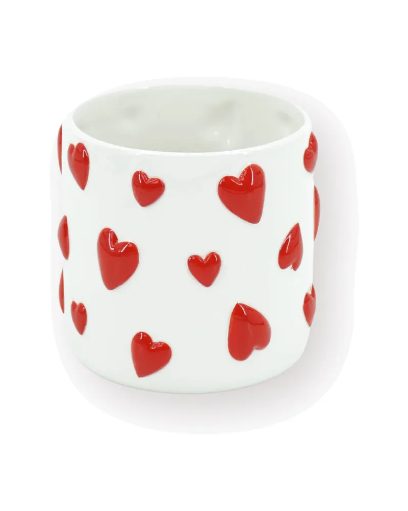 Blumentopf Hearts aus Dolomit mit roten Herzmotiven, Weiß mit Rot