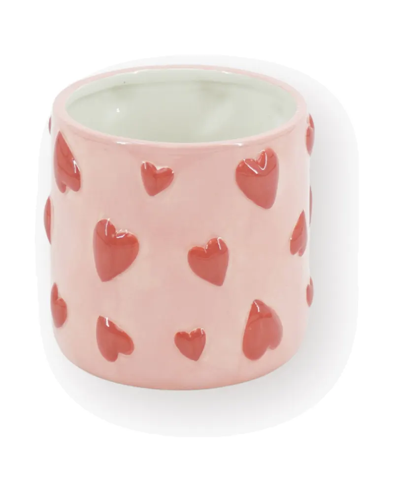 Blumentopf Hearts aus Dolomit mit roten Herzmotiven von Housevitamin in Rosa mit Rot, 12,5 × 12,5 × 13 cm, Ansicht 1
