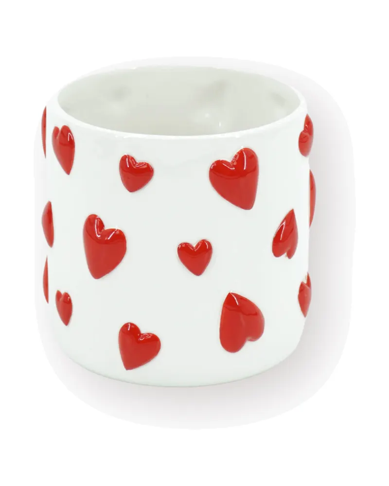 Blumentopf Hearts aus Dolomit mit roten Herzmotiven, Weiß mit Rot