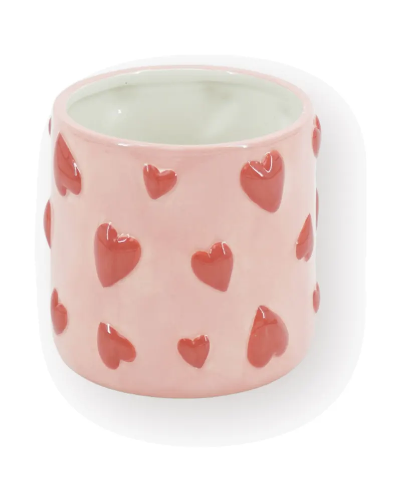 Blumentopf Hearts aus Dolomit mit roten Herzmotiven von Housevitamin in Rosa mit Rot, 15,5 × 15,5 × 16 cm, Ansicht 1