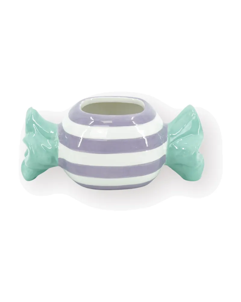 Blumentopf Toffee Candy aus Dolomit im zweifarbigen Bonbon-Design von Housevitamin in Mint/Lila, Ansicht 1