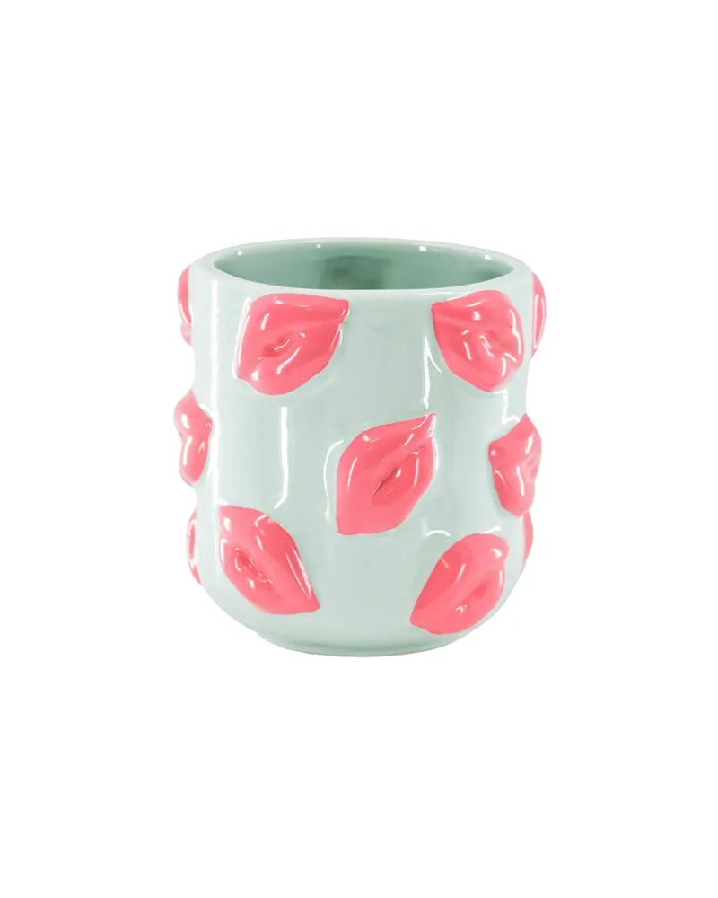 Keramik-Blumentopf Kisses mit hervortretendem Kussmundmotiv, Mint und Rosa