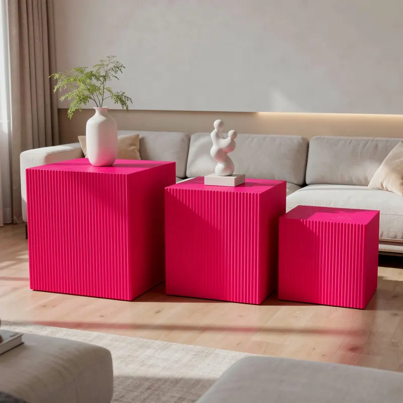 Quadratische Beistelltische aus MDF im 3er-Set von Housevitamin in Neonpink, Ansicht 2