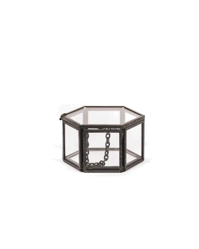 Sechseckige Deko-Aufbewahrungsbox aus Metall und Glas von Housevitamin in Schwarz, 6 × 5,5 × 3,5 cm, Ansicht 1