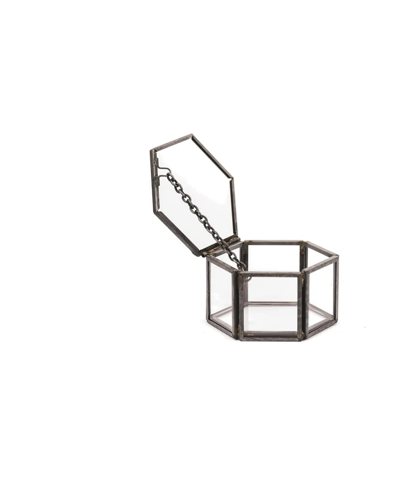 Sechseckige Deko-Aufbewahrungsbox aus Metall und Glas von Housevitamin in Schwarz, 6 × 5,5 × 3,5 cm, Ansicht 2