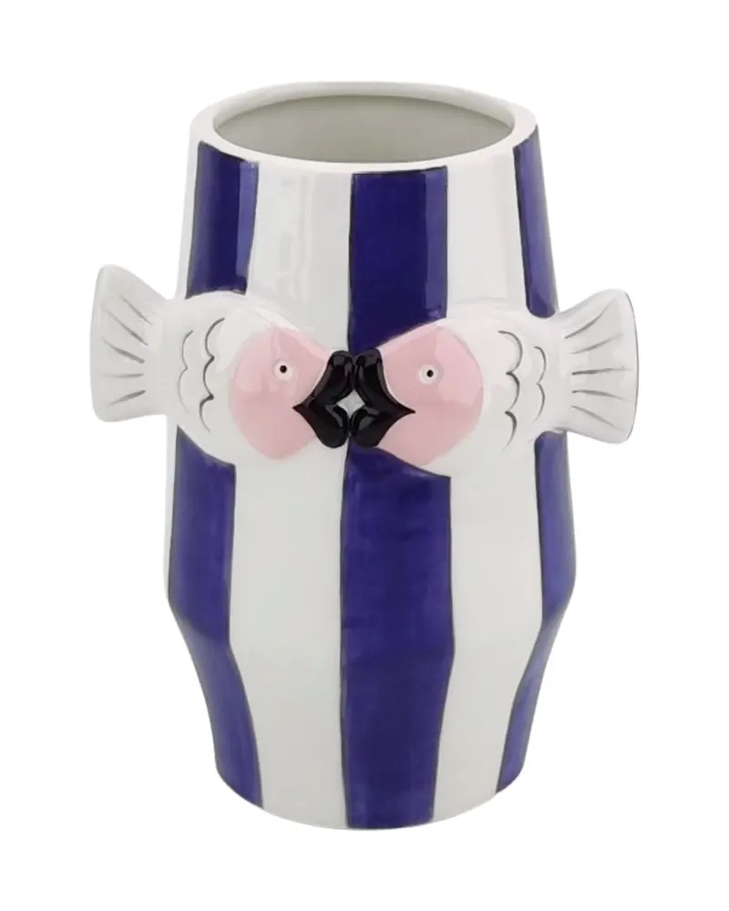 Fischvase mit blau-weiß-rosa Fischmotiv aus Dolomit von Housevitamin in Blau, Weiß und Rosa, 14 × 11,5 × 18,5 cm, Ansicht 1