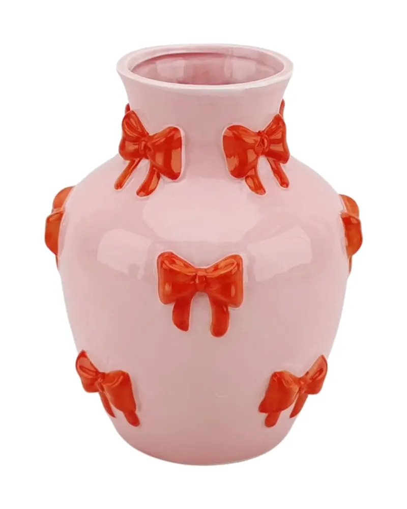 Vase Ribbons aus Dolomit mit Schleifen- und Linienmotiv von Housevitamin in Pink/Orange, 14 × 14 × 19 cm, Ansicht 1