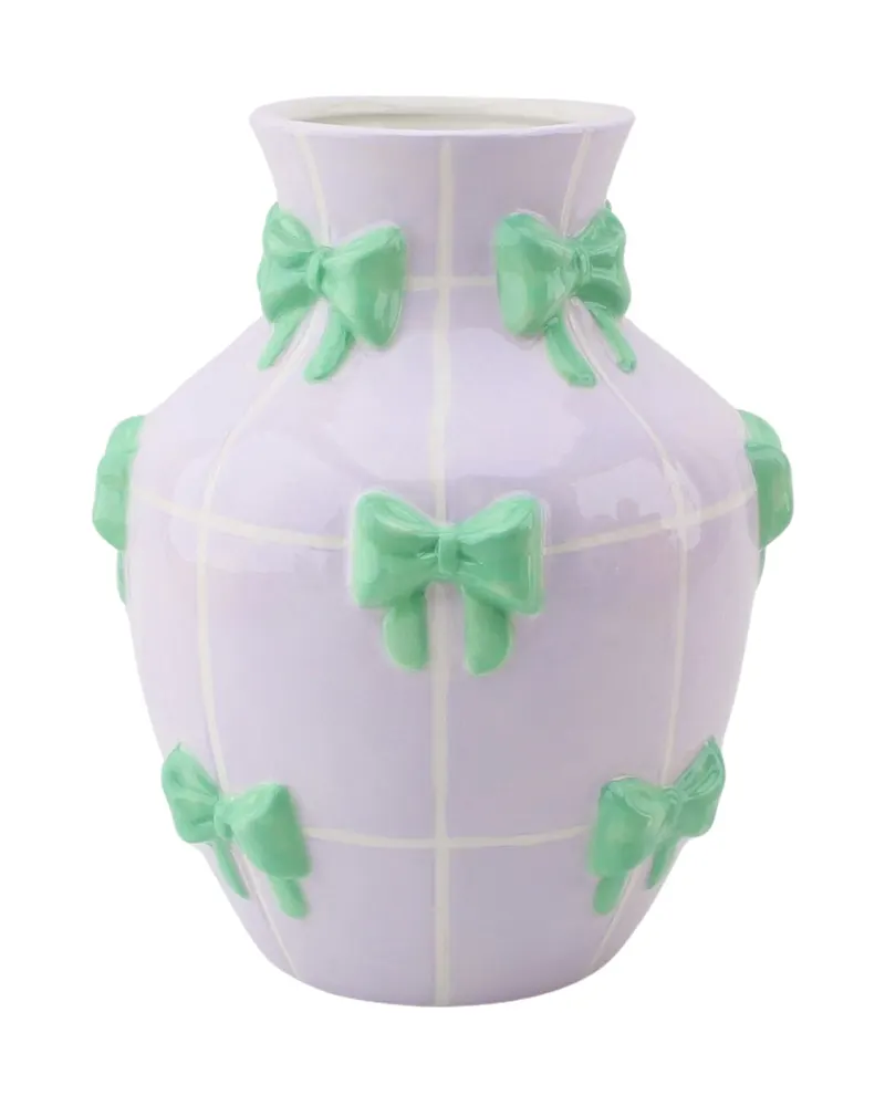 Vase Ribbons aus Dolomit mit Schleifen- und Linienmotiv von Housevitamin in Flieder/Mint, 14 × 14 × 19 cm, Ansicht 1