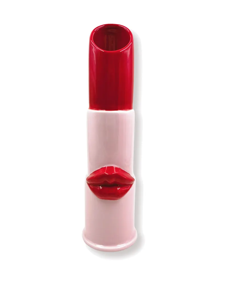Keramikvase Lipstick im Format 11 × 10 × 35 cm von Housevitamin in Hellrosa/Rot