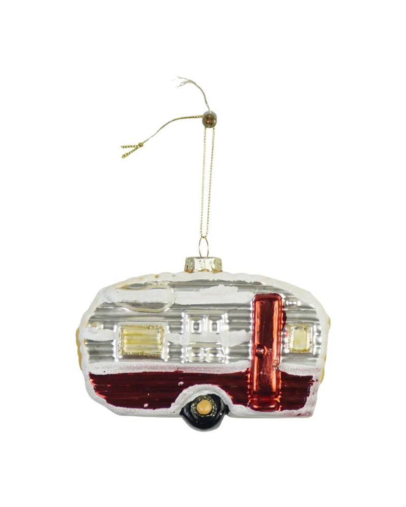Weihnachtsanhänger Wohnwagen aus Glas in Weiß-Rot von Housevitamin in Weiß/Rot, 11,5 × 5 × 8 cm, Ansicht 1