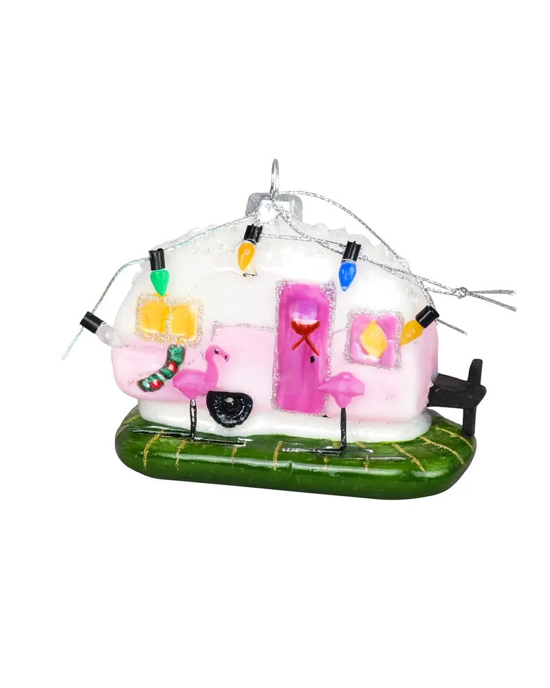 Weihnachtsanhänger Happy Caravan aus rosafarbenem Glas, Rosa