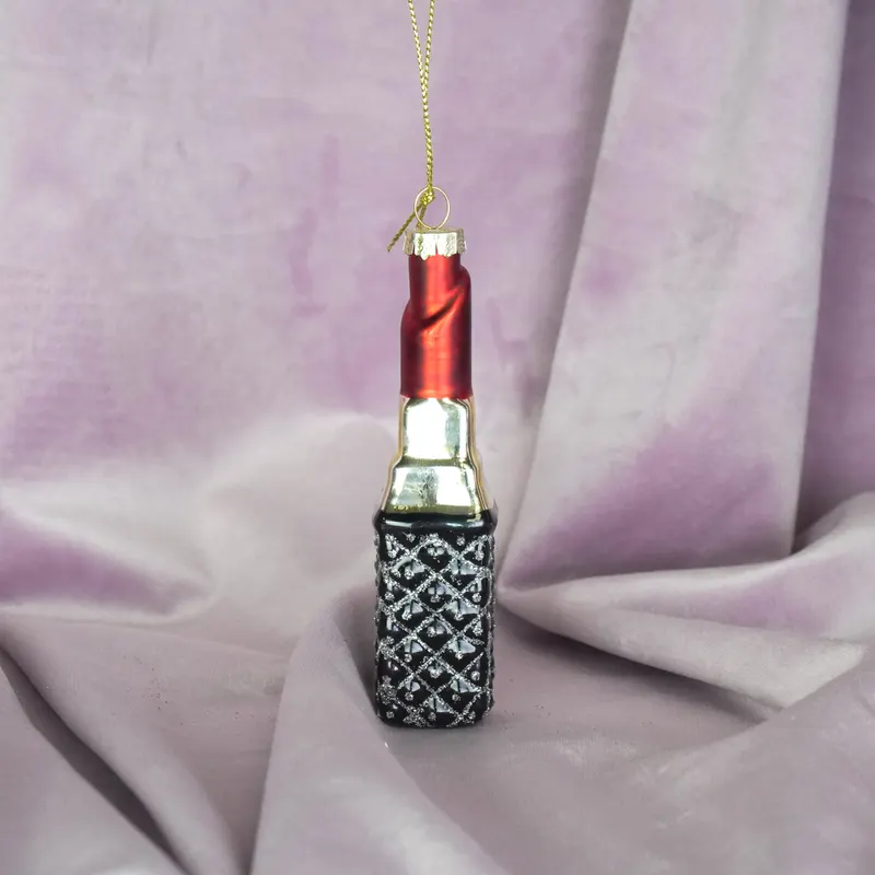 Weihnachtsanhänger in Lippenstiftform aus Glas, rot-gold von Housevitamin in Rot und goldfarben, 3 × 3 × 11 cm, Ansicht 2