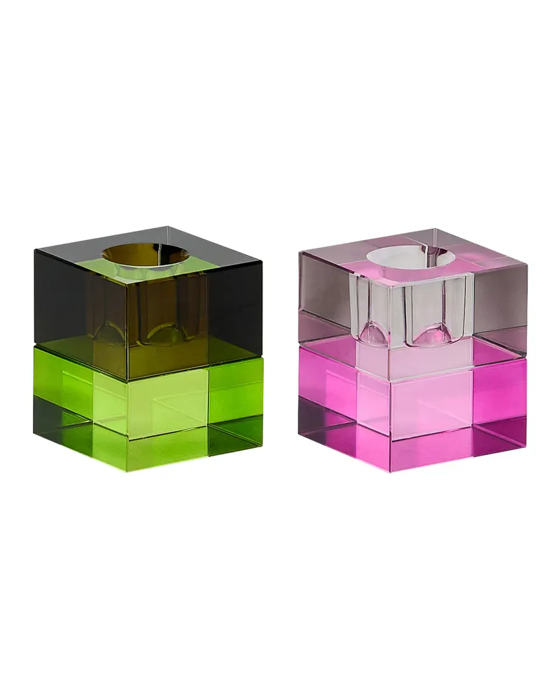 Block Kerzenhalter aus Kristall (2er-Set), Braun, Klar, Hellgrün, Rosa