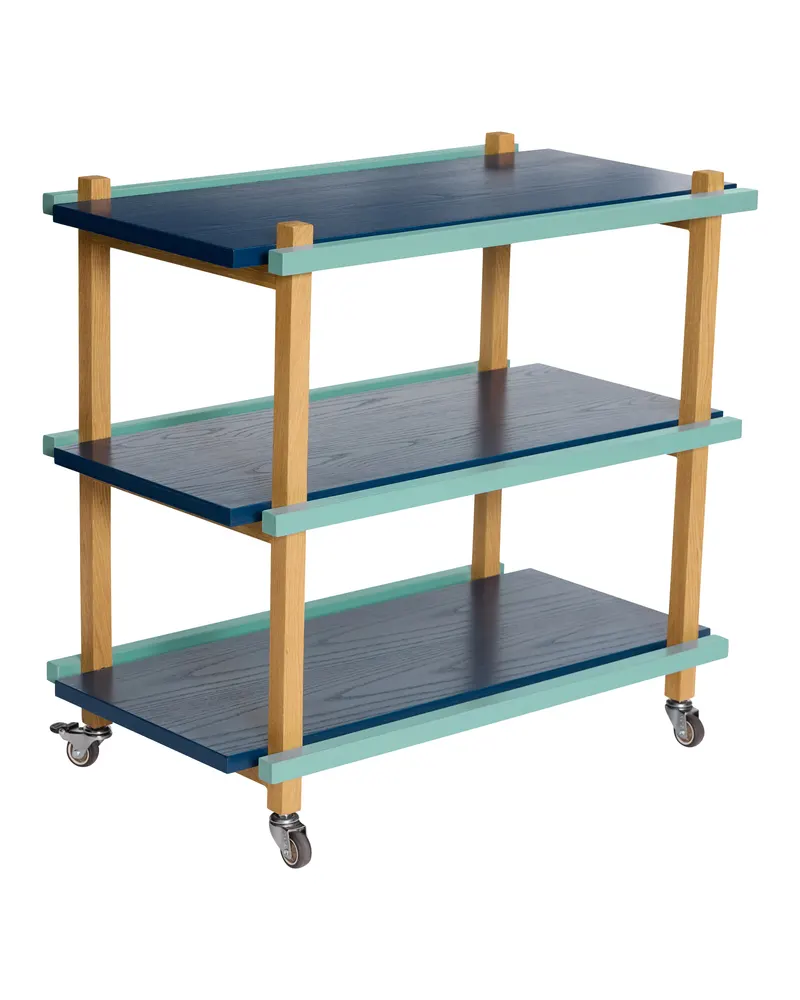 Hübsch Crayon Servierwagen in Dunkelblau, Grün und Naturfarben, 70 × 38 × H 70 cm, Ansicht 2