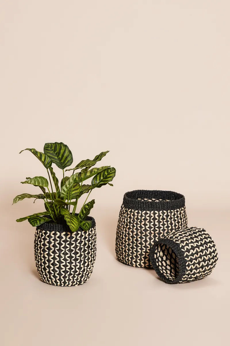 Hübsch Sprout Korbset in Schwarz und Naturfarben, Ø 23 × H 19 und Ø 28 × H 25 und Ø 32 × H 29 cm, Ansicht 2